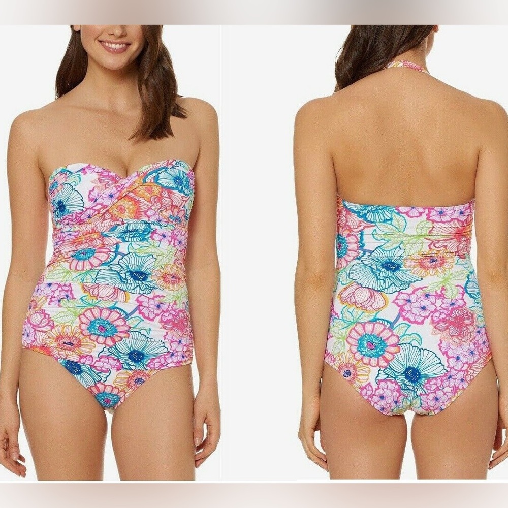 Bleu Rod Beattie White Floral‎ Strapless One Piece Swimsuit Sz. 6